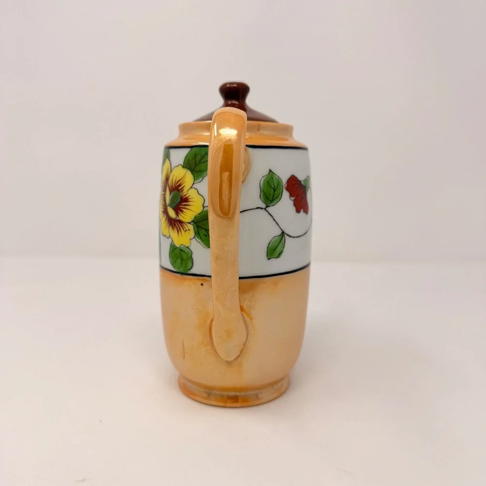 Vintage Japanese Lusterware Teapot Peach Hand Painted Parrot‎ Floral Made Japan